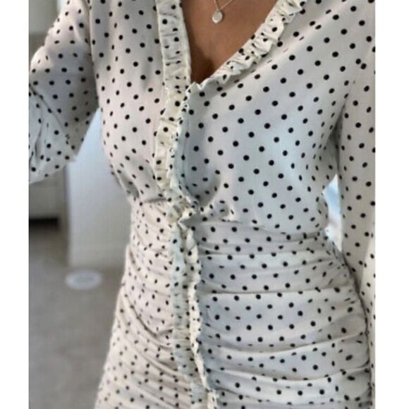 Zara White Black Polka Dot Mini Dress Ruched Draped Size XS Sexy - Picture 4 of 16